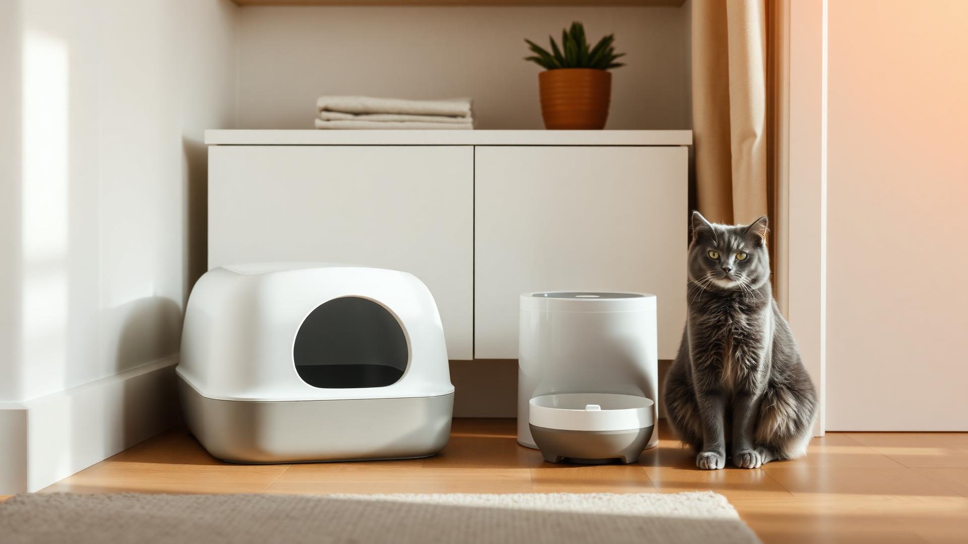 Automatic litter box and smart feeder in a bright living room with a grey cat